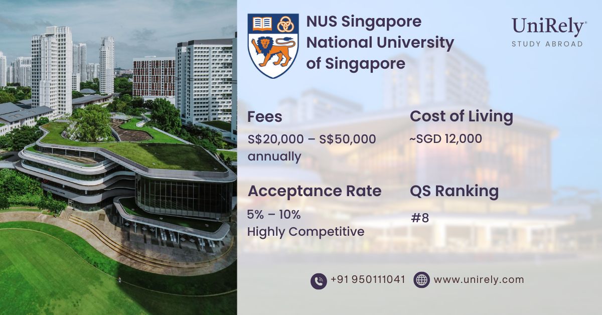 NUS acceptance rate fees cost of living and QS ranking infographic