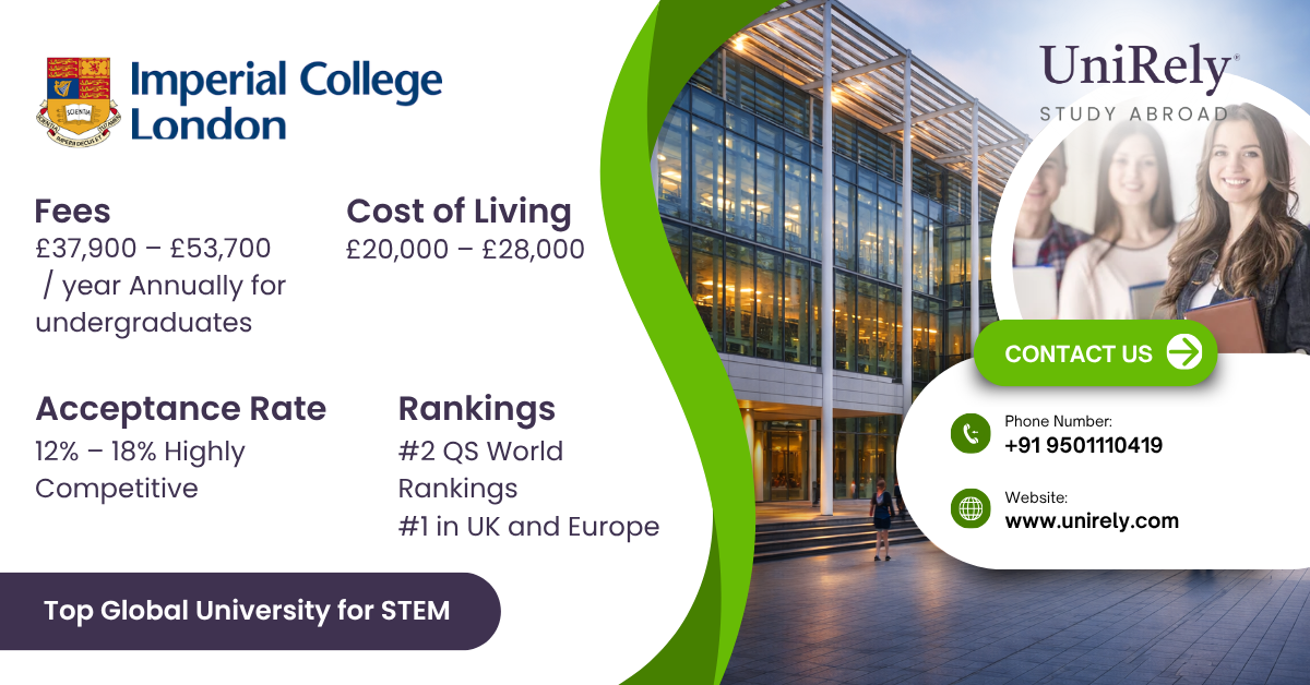 Imperial College London acceptance rate fees cost of living ranking infographic