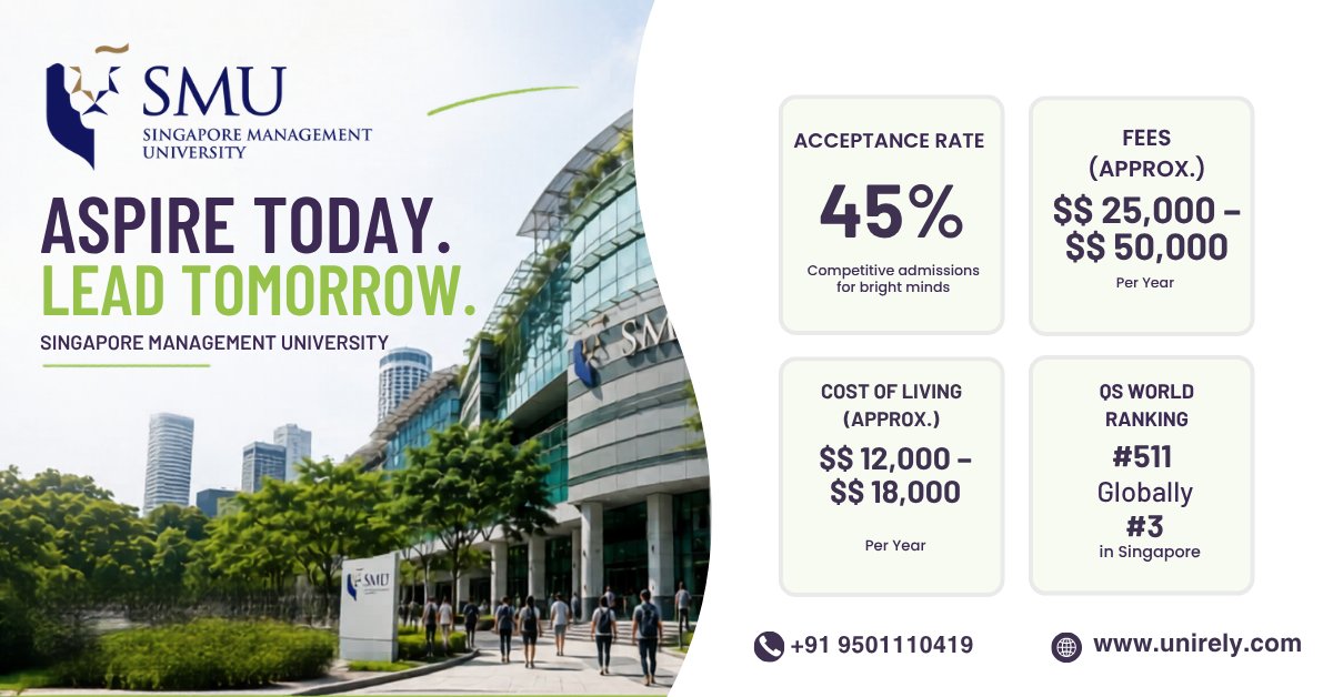 Singapore Management University acceptance rate fees cost of living and QS ranking infographic for international students