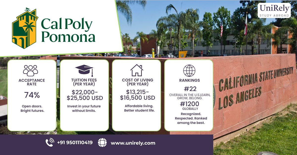 Cal Poly Pomona acceptance rate fees cost of living ranking California State University infographic for international students