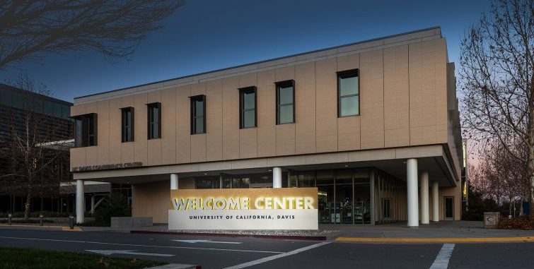 UC Davis campus building showing acceptance rate and admission overview for international students