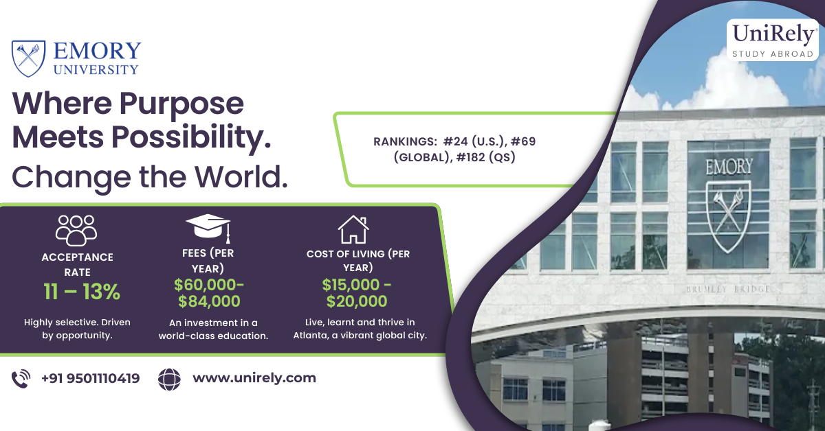 Emory University acceptance rate fees cost of living ranking USA university infographic for international students