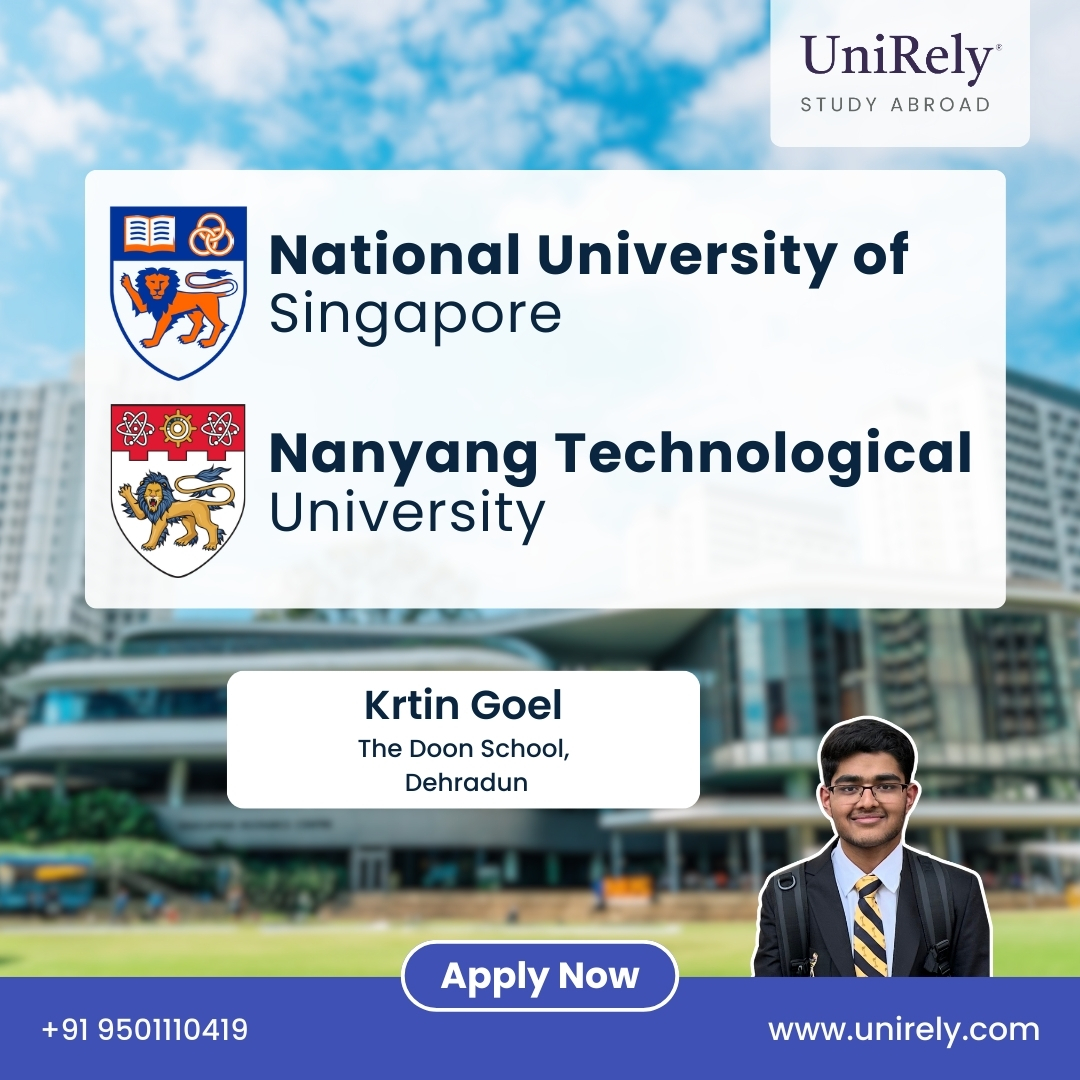 Unirely study abroad banner featuring National University of Singapore and Nanyang Technological University admission guidance with student success story