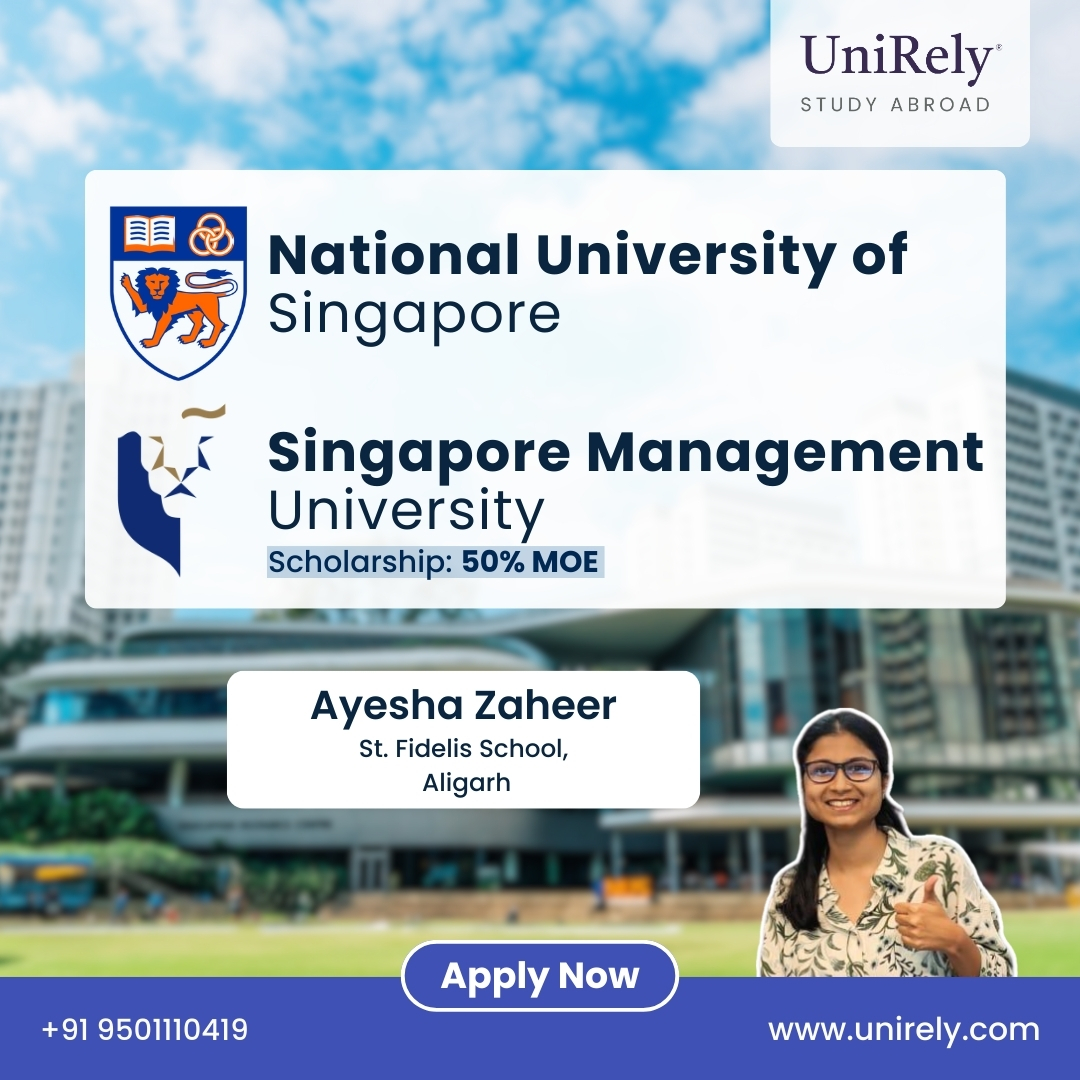 Unirely banner promoting National University of Singapore and Singapore Management University admissions with 50% MOE scholarship and student success story