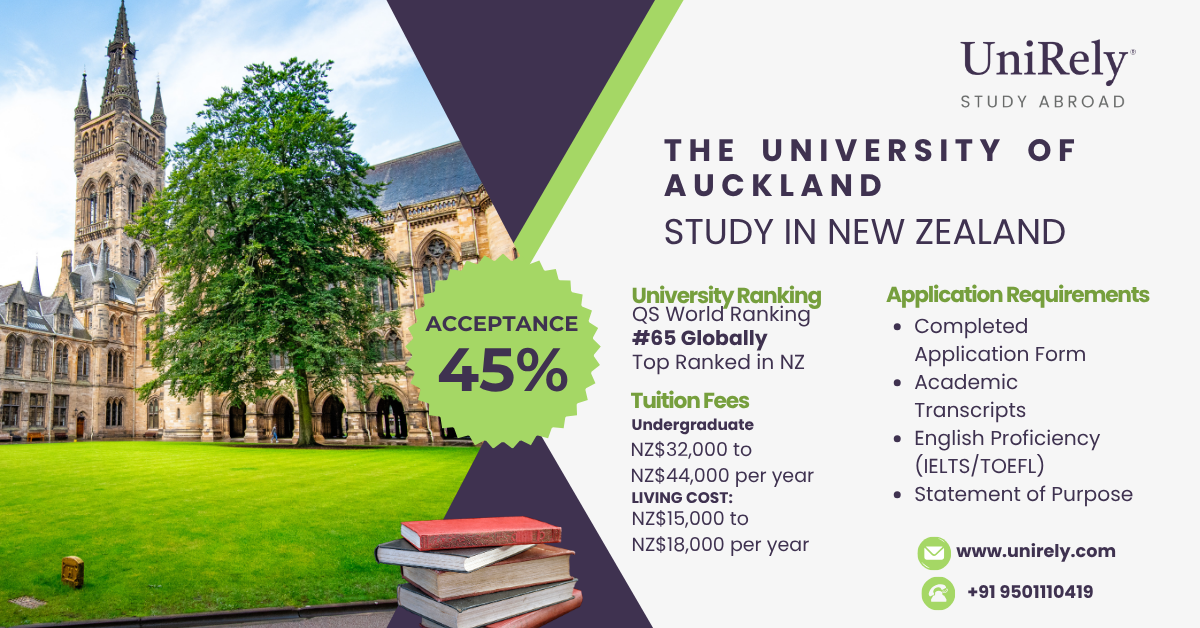 University of Auckland ranking fees acceptance rate and admission requirements infographic for international students