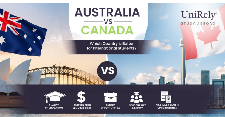 Australia vs Canada study comparison tuition fees jobs student life infographic