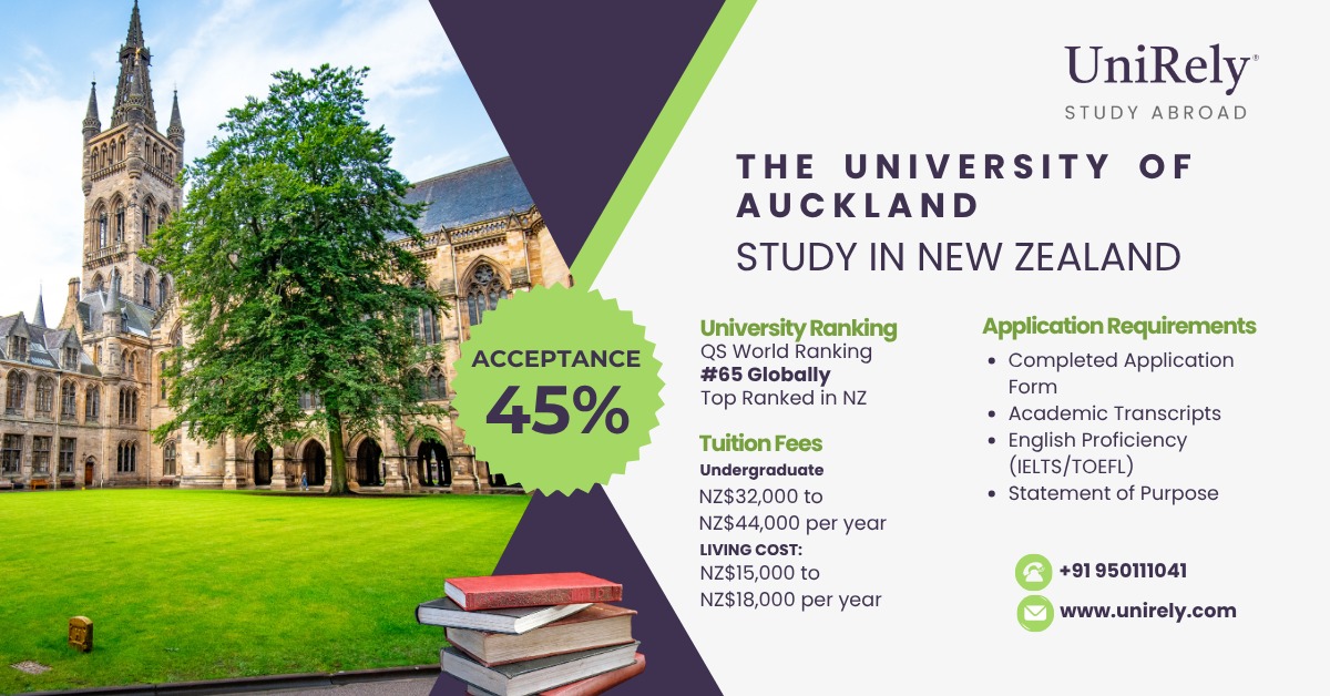 University of Auckland ranking fees acceptance rate and admission requirements infographic for international students