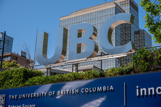 University of British Columbia UBC campus sign in Vancouver with modern buildings and student environment